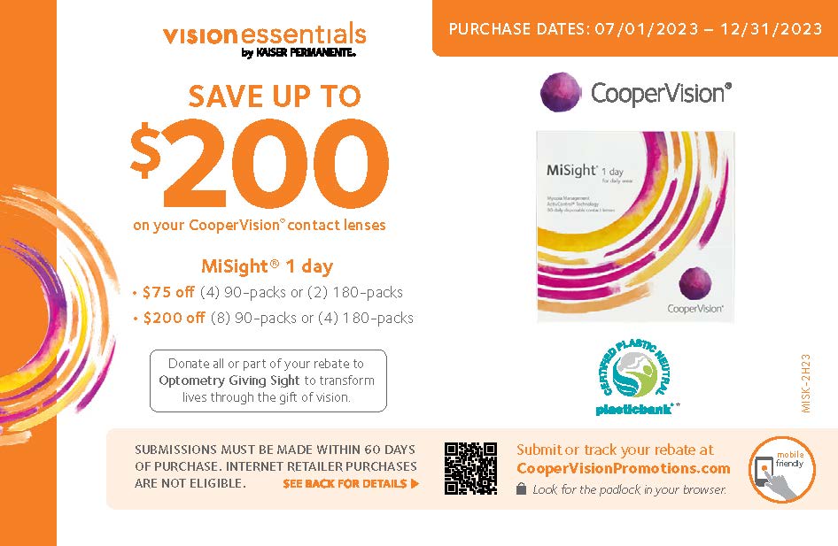 Save up to $200 on your CooperVision® contact lenses. MiSight® 1 day brand: $75 off (4) 90-packs or (2) 180-packs. Or $200 off (8) 90-packs or (4) 180-packs. Submissions must be made within 60 days of purchase. Submit or track your rebate at CooperVisionPromotions.com. Purchase dates 07/01/2023 - 12/31/2023